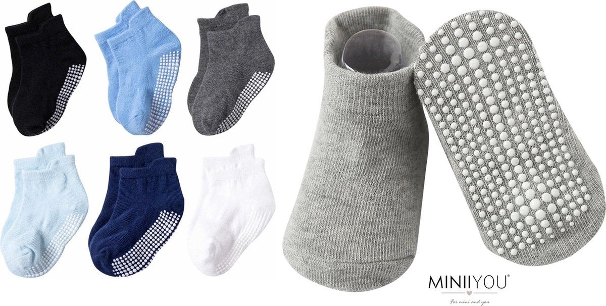 6 Paires - Chaussettes Antidérapantes Enfant Bébé - 6-12 Mois - Blauw Grijs - Chaussettes basses - Qualité Améliorée