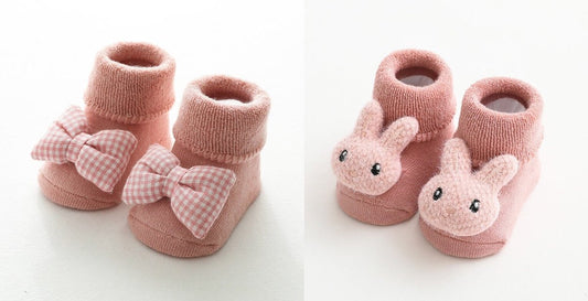 2 Paires - Chaussettes Antidérapantes Chaussettes Enfants - Noeud Lapin Rose - 1-3 ans