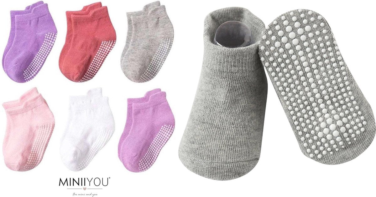 6 Paires - Chaussettes Antidérapantes Enfant Bébé - 1-3 ans - Violet Rose - Chaussettes basses