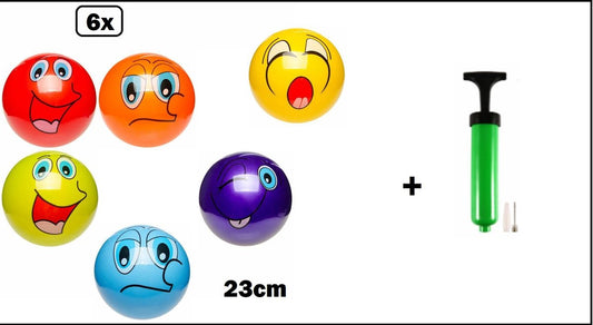 6x Play football smiling face 23 cm assortiment + pompe à ballon - ballon de football beach street ball