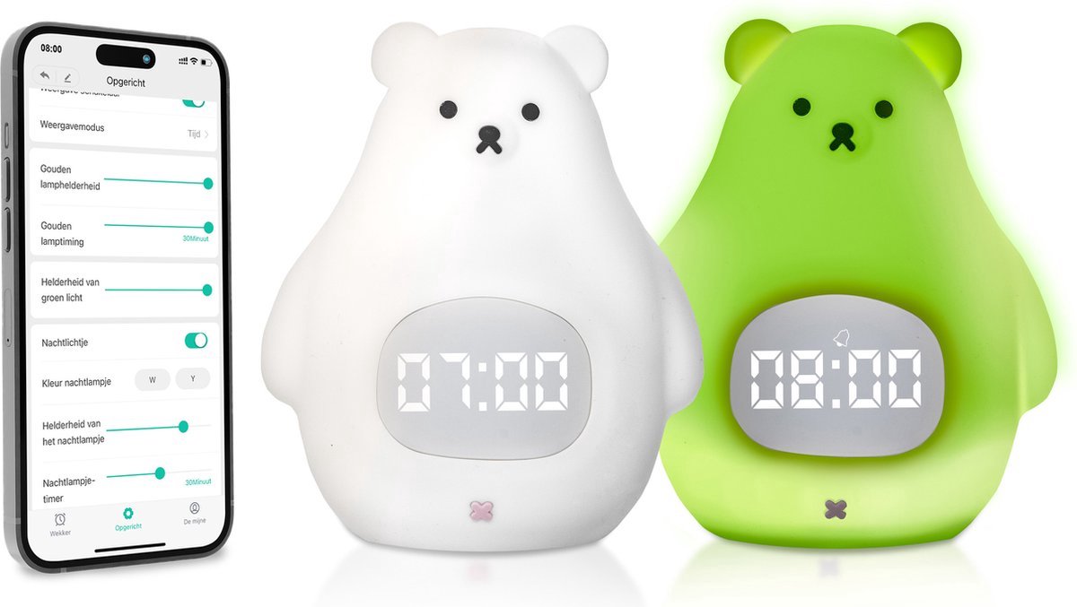 3Babies® Sleep Trainer – Alarme de sommeil Bébé – Fonction veilleuse avec Wekker – Réveil pour enfants – Ours Wit – Application incluse