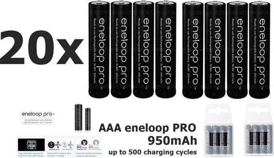 20 pièces - Pack économique - AAA R3 Piles rechargeables Panasonic eneloop Pro - 900mAh