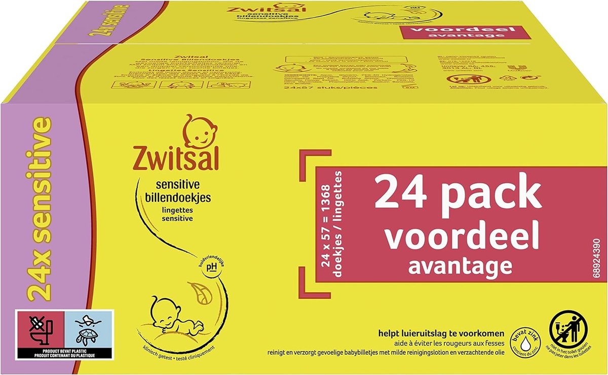 Zwitsal - Lingettes Sensitive - Sans alcool - 2736 Lingettes pour bébé - 48 x 57 - Boîte Mega Value