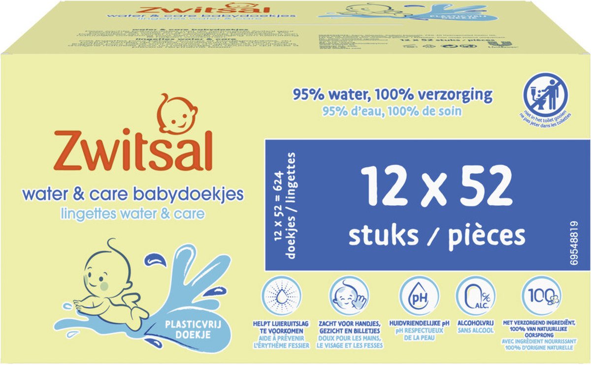 Zwitsal - Lingettes- Water & Soin au parfum Zwitsal - 1248 lingettes bébé - 24 x 52 pièces