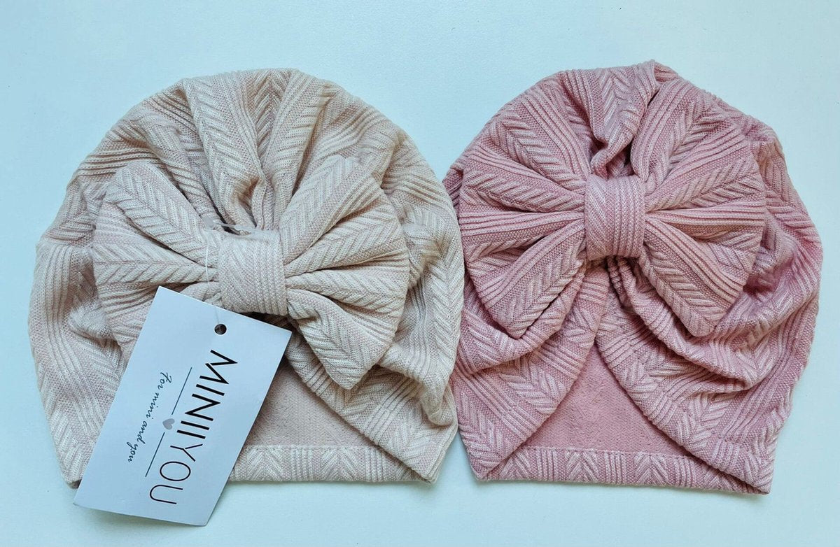 2 Pièces - Turban Bonnets Bébé Filles - Gros Noeud - Beige Rose - 3-15 mois