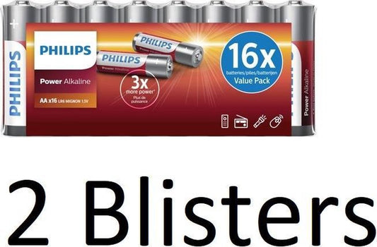 32 pièces (2 blisters de 16 pièces) Pile alcaline Philips AA Power