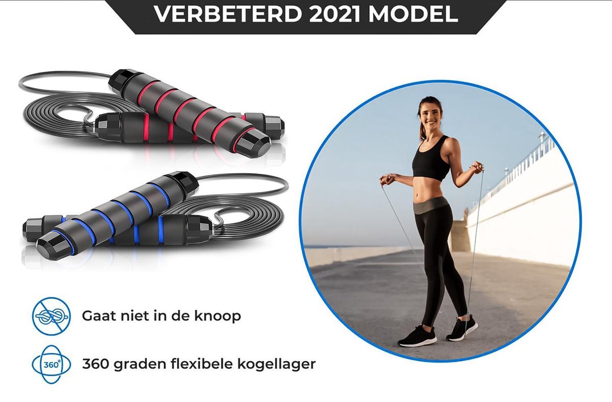 2 Pièces Corde à sauter réglable pour adultes et Enfants - Sport Jump professionnels et débutants Vélo - Fitness fitness Corde à sauter - Boxe et CrossFit long saut Speedrope avec poignée en mousse -180 Grams - Red & Blauw + gratuit élastique