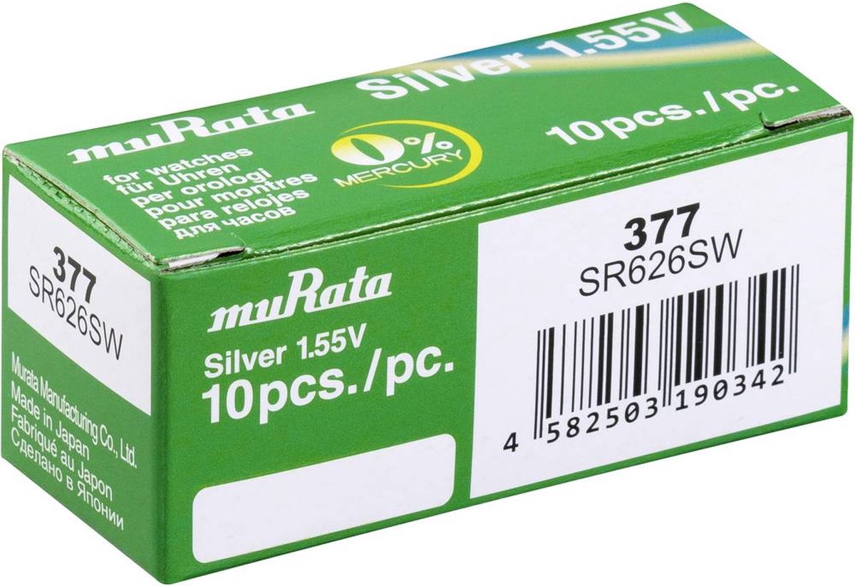 377 Pile Knoopcel Oxyde d'argent 1,55 V 26 mAh Murata SR626SW-PBWW 10 pc(s)