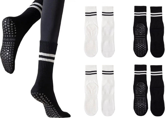 4 paires - Chaussettes antidérapantes femmes Filles - Chaussettes de Sport de Yoga - Zwart Wit rose - Taille 35-38