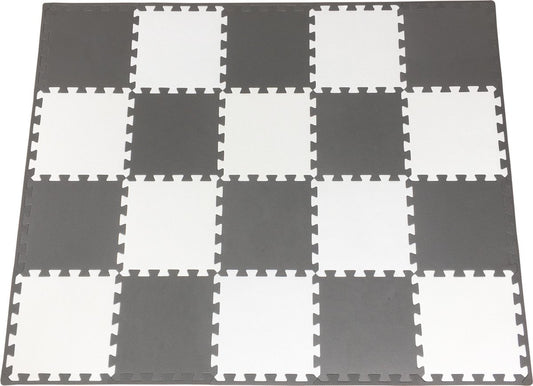 20 tapis de jeu en mousse gris / blanc avec bord de finition soigné et sac de rangement pratique. Les tapis puzzle de 1 cm d'épaisseur sont idéaux pour des heures de plaisir sur votre sol dur et froid. Taille totale du tapis de jeu 152x122 cm