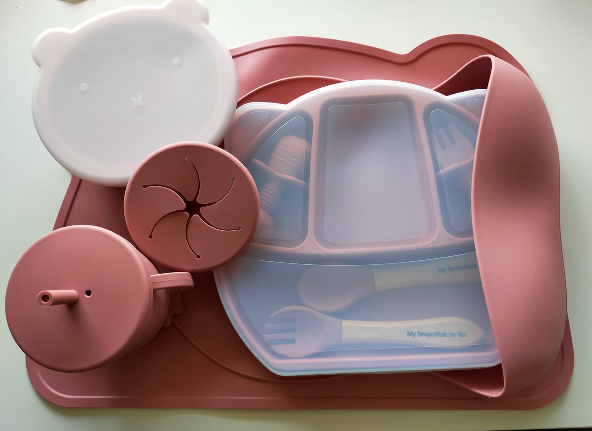 8 pièces en Siliconen rose Kinderserviesset -Sans BPA-signes-ventouse- Enfants Couverts pour enfants Couverts pour enfants kinderbestekset-dalle Bib-collation stand-plateau de fruits coffret cadeau de luxe coffret cadeau avec noeud