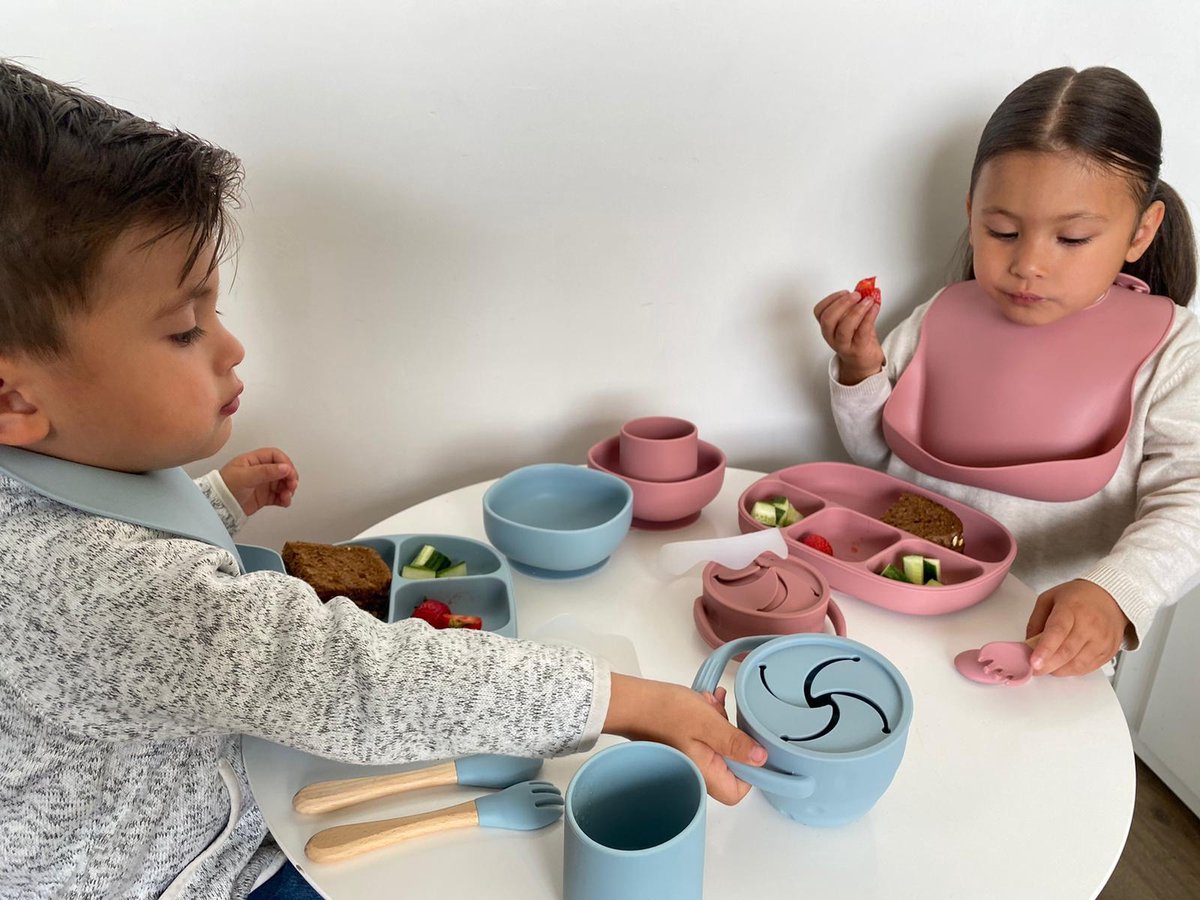 8 pièces en Siliconen rose Kinderserviesset -Sans BPA-signes-ventouse- Enfants Couverts pour enfants Couverts pour enfants kinderbestekset-dalle Bib-collation stand-plateau de fruits coffret cadeau de luxe coffret cadeau avec noeud