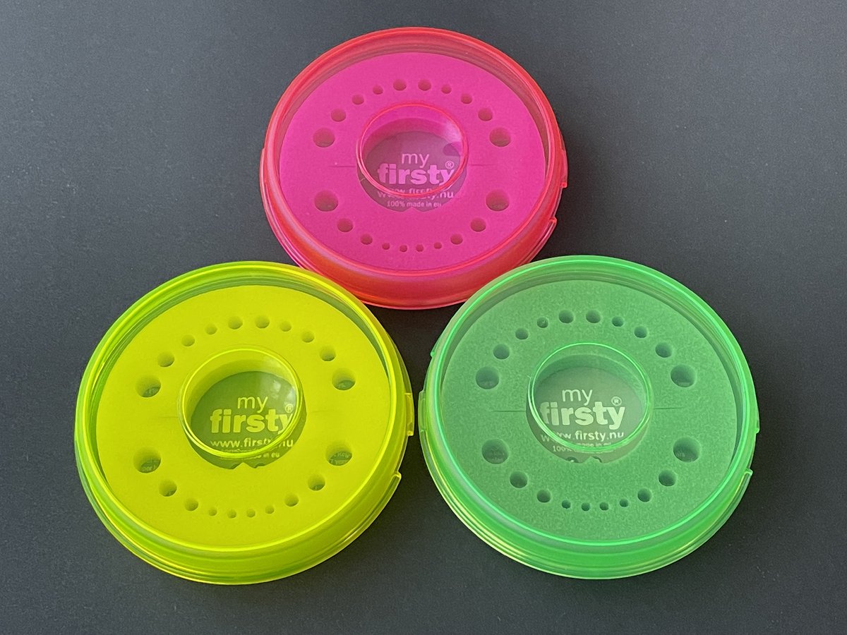 3-Combi Set Tooth Boxes - Firsty Round Fluor - Rose/Rose + Vert/Vert + Jaune/Jaune - Garçon/Fille - Comprend les journaux de bord, les aimants de réfrigérateur et l'expédition