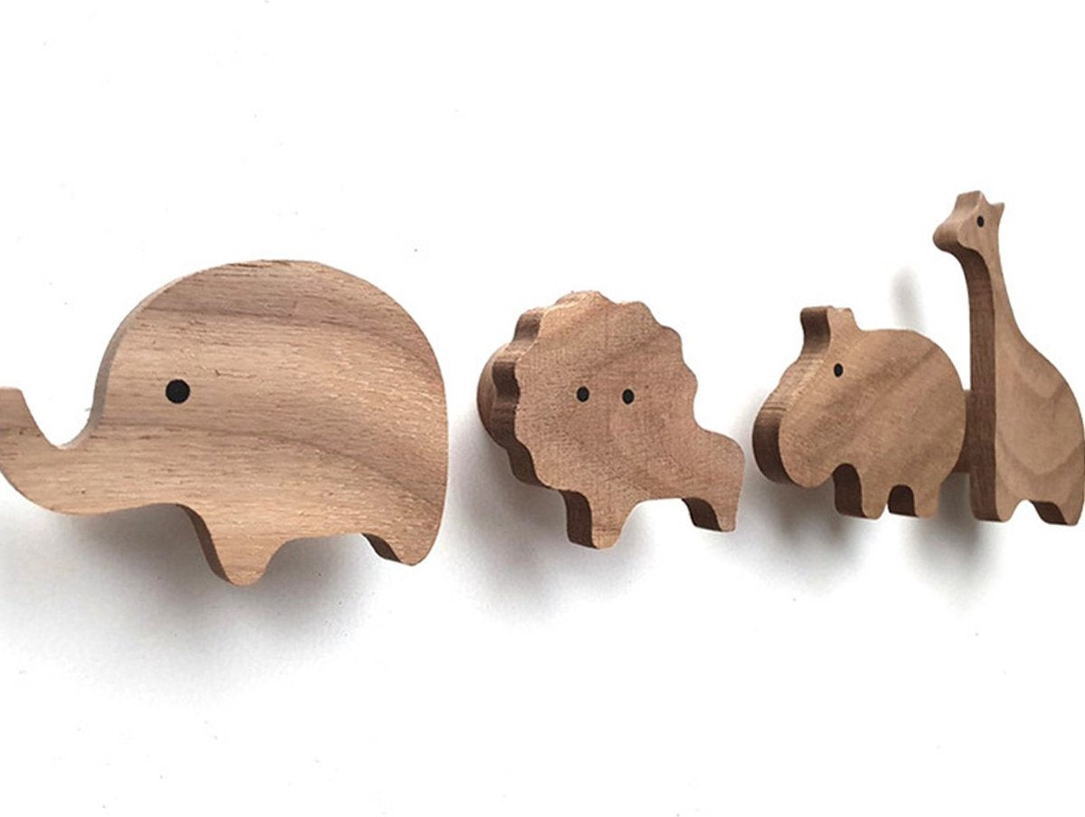 4 pièces - patères portemanteau en bois - animaux - chambre d'enfant - éléphant - lion - hippopotame - girafe - Chêne