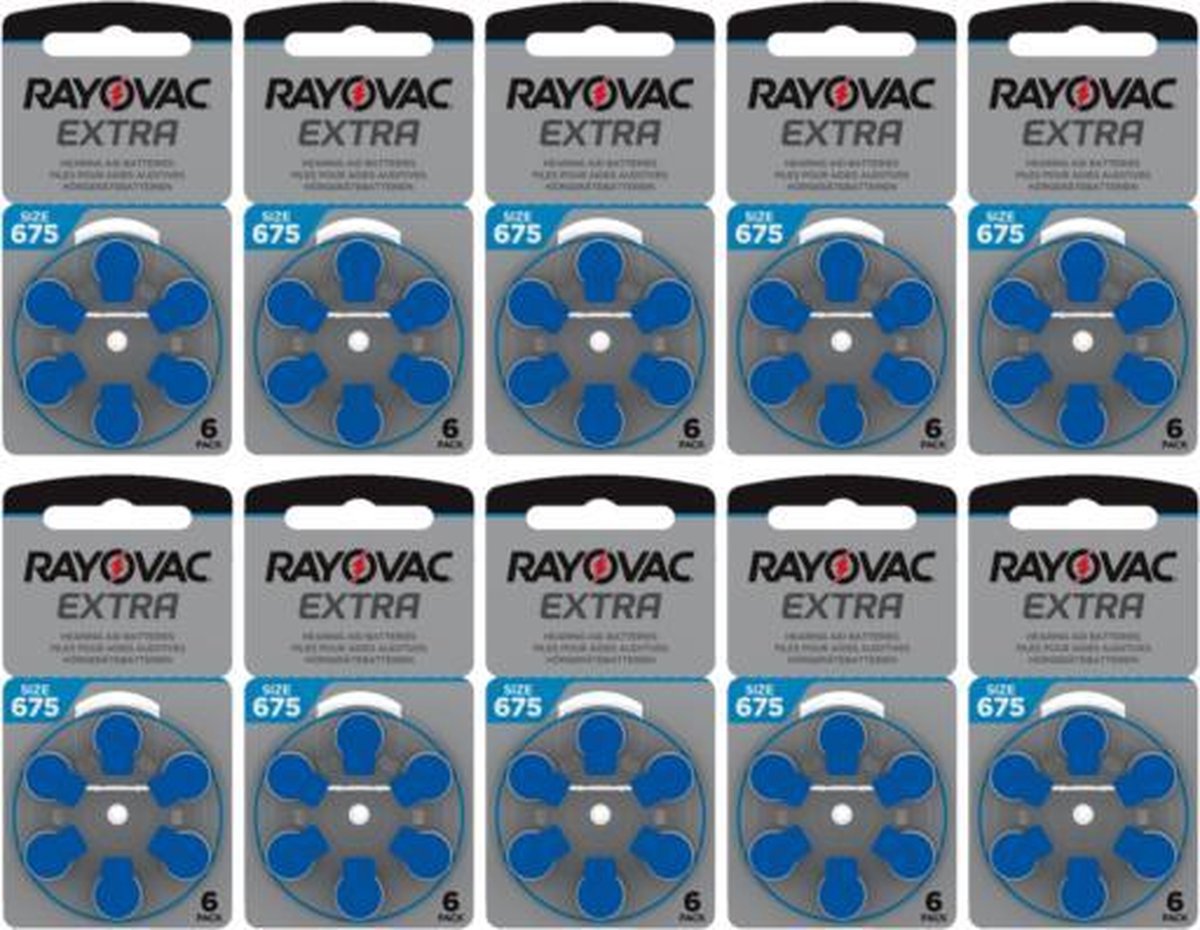 10 x blisters Rayovac 675 Extra Advanced Piles pour prothèses auditives - 60 piles (Bleu 675)