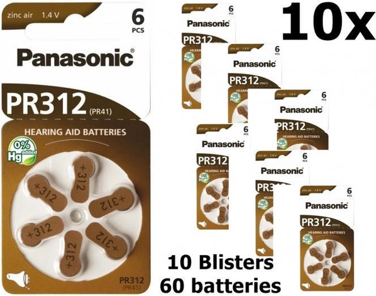 10 blisters (60 piles) - Panasonic 312 / PR312 / PR41 Piles pour appareils auditifs