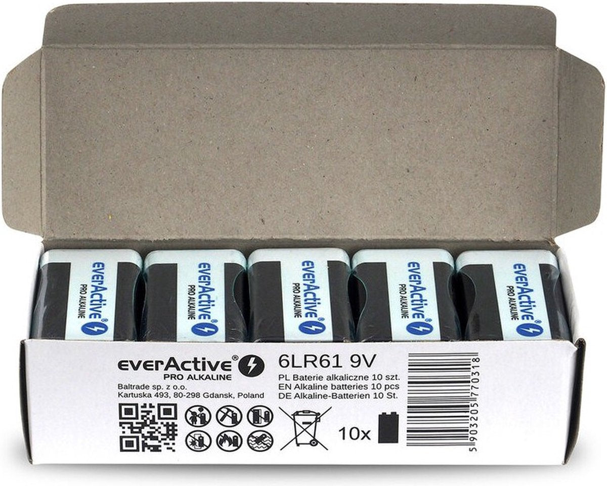 10x piles alcalines everActive PRO 6LR61 6LF22 E-Block 9V 550mAh