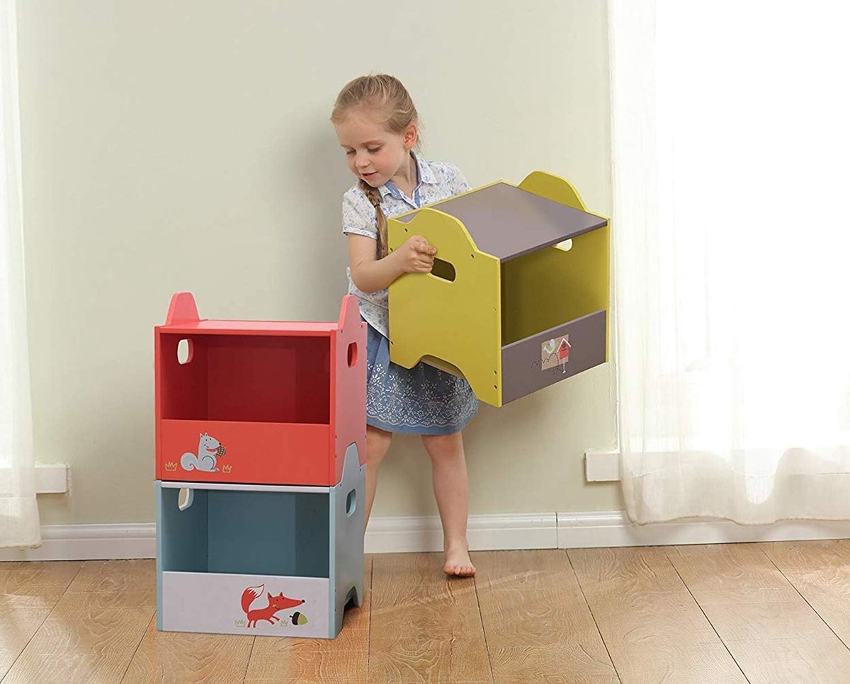 3 Set de boîtes de rangement en bois colorées pour jouets d'enfants, orange/jaune/bleu