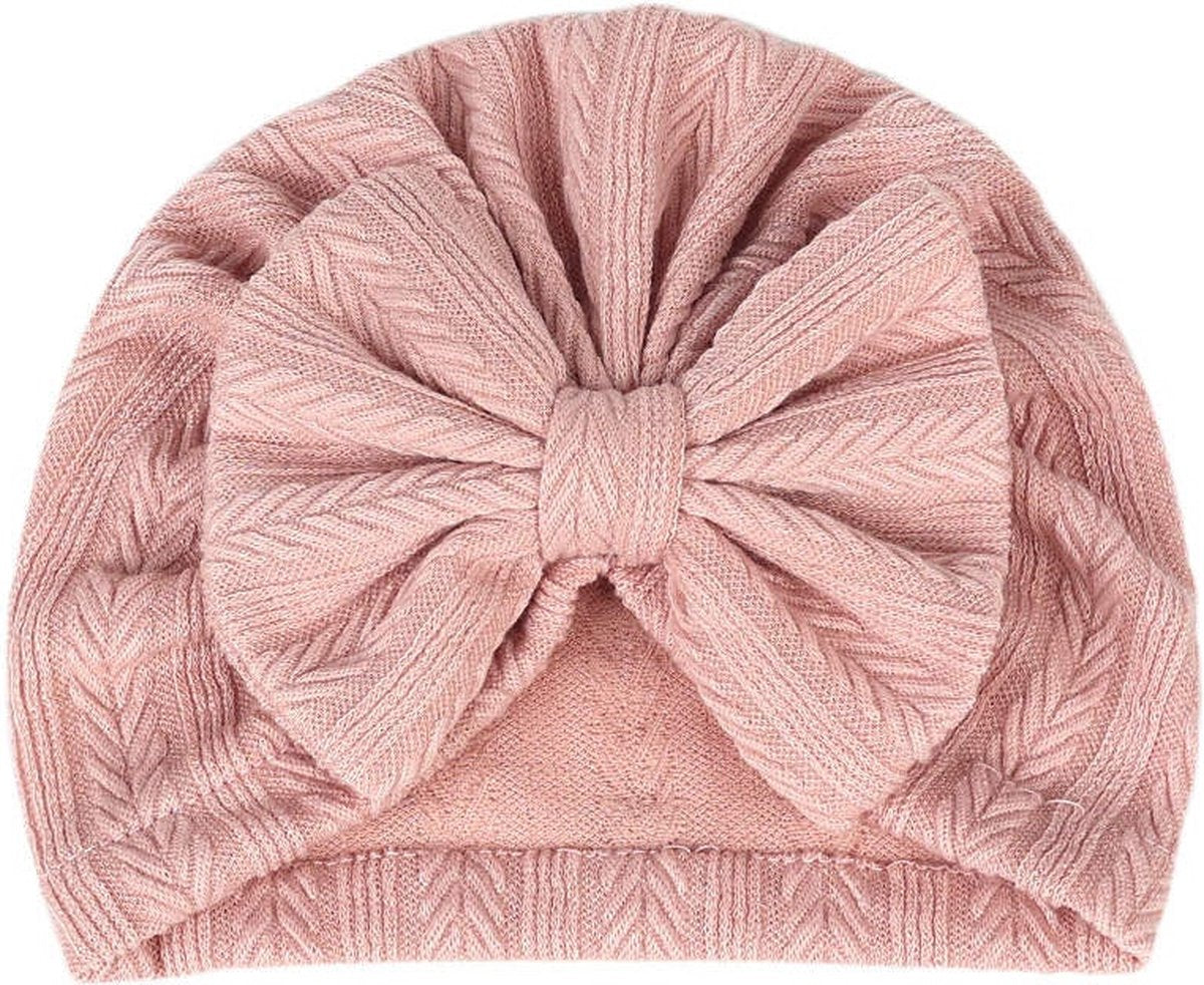 2 Pièces - Turban Bonnets Bébé Filles - Gros Noeud - Beige Rose - 3-15 mois