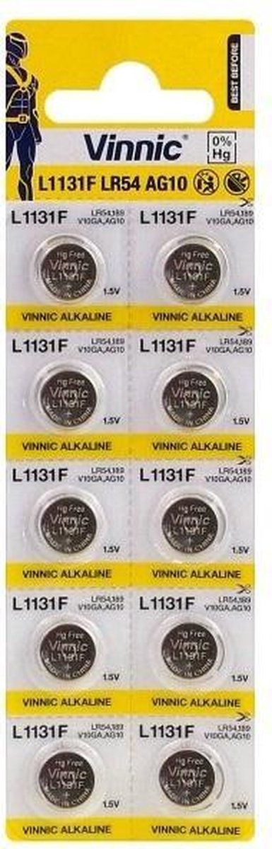 10 pièces - Vinnic AG10, G10, LF1131, LR54, LR1130 1,5 V pile bouton