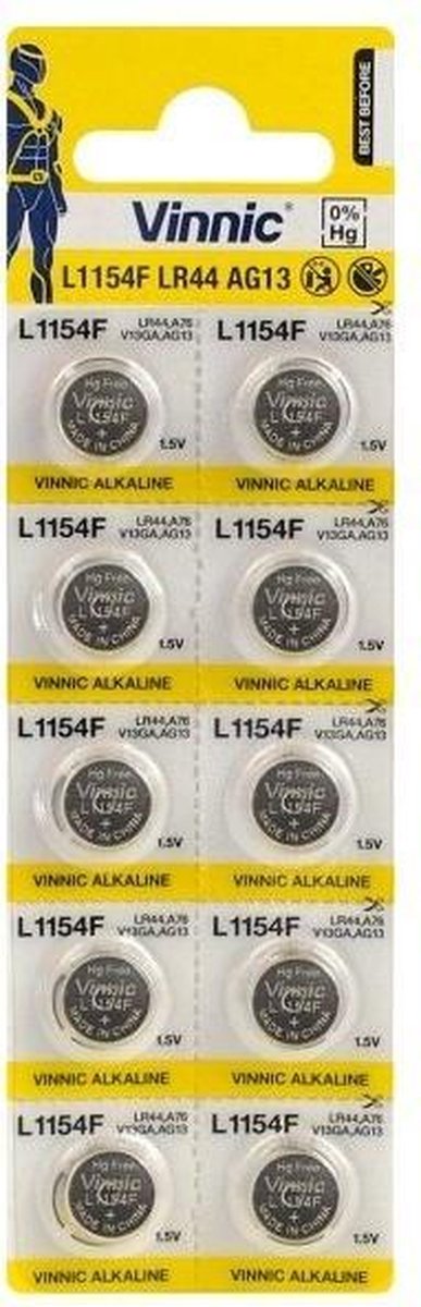 10 pièces - Vinnic G13 / AG13 / L1154 / LR44 / 157 / A76 1.5V pile bouton