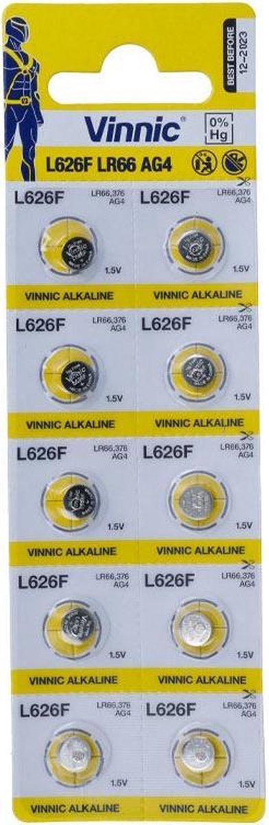 10 pièces (1 blister un 10 pièces) Vinnic G4 / AG4 / L626 / SR626 / 377/37 1.5V pile bouton de montre alcaline