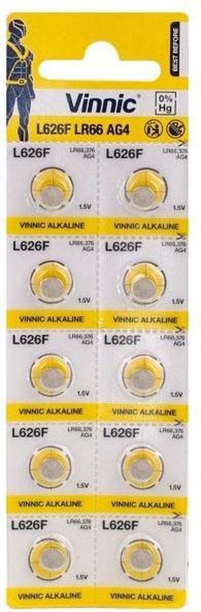 10 pièces (1 blister un 10 pièces) Vinnic G4 / AG4 / L626 / SR626 / 377/37 1.5V pile bouton de montre alcaline