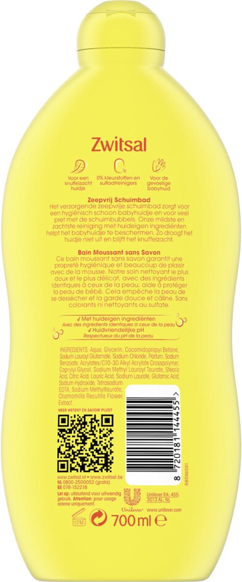 Zwitsal Bébé - Bain moussant sans savon - 6 x 700ml - Pack économique de 6