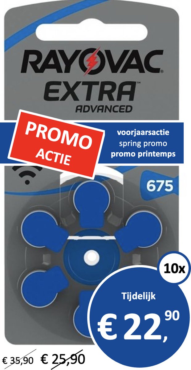 10 x blisters Rayovac 675 Extra Advanced Piles pour prothèses auditives - 60 piles (Bleu 675)