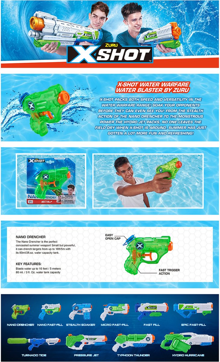 ZURU - XSHOT - Water Warfare - Nano Drencher Water Blaster (4 pièces) - Pistolet à eau - 80ml