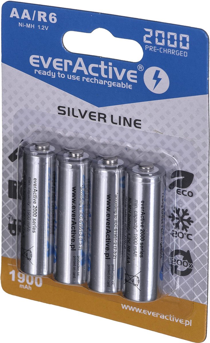 4x batteries 2000mAh Rechargeable everActive Ni-MH R6 AA 2000 mAh Silver Line BL170