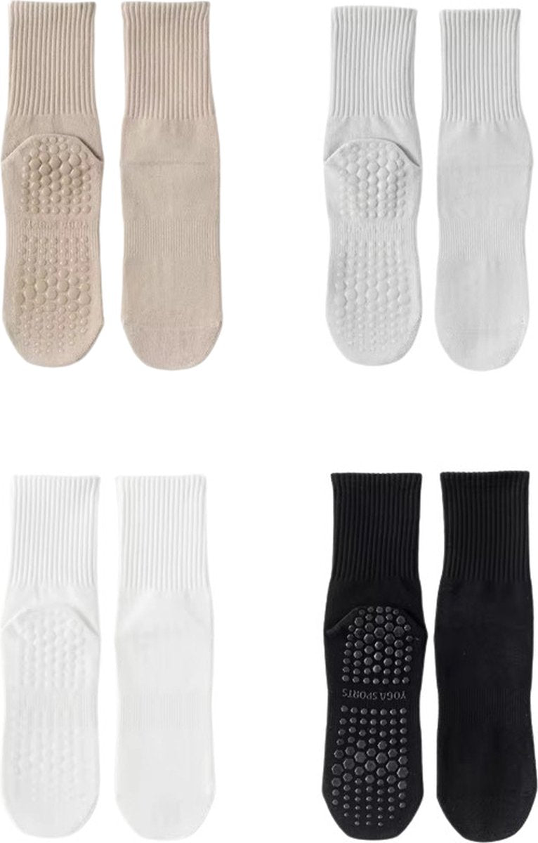 4 paires - Chaussettes antidérapantes femme - Chaussettes de Sport Yoga - Beige Gris clair uni - Taille 35-38