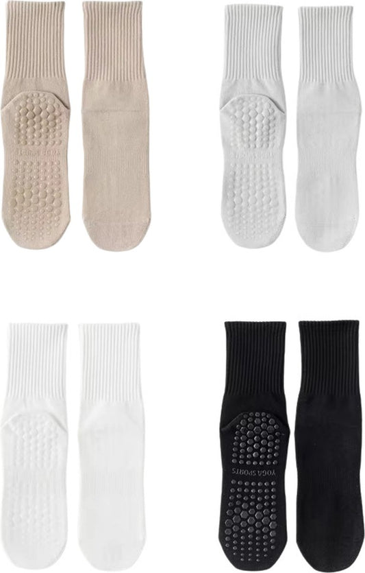 4 paires - Chaussettes antidérapantes femme - Chaussettes de Sport Yoga - Beige Gris clair uni - Taille 35-38