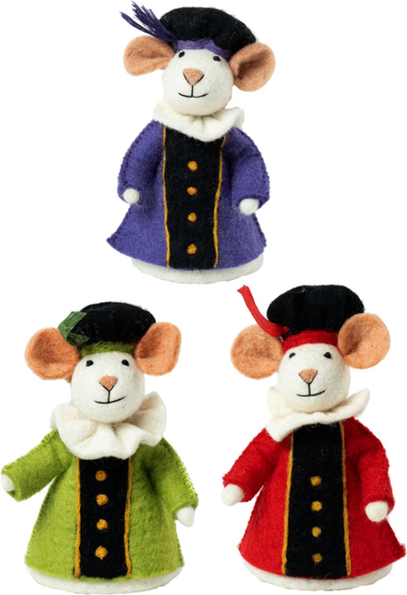 3 Souris Pleureuses Rouge & Violet & Vert - Set Complet - Souris en Feutres Crème - Fairtrade - Figurines en Feutres Pietjes - 18cm - Écharpe avec histoire