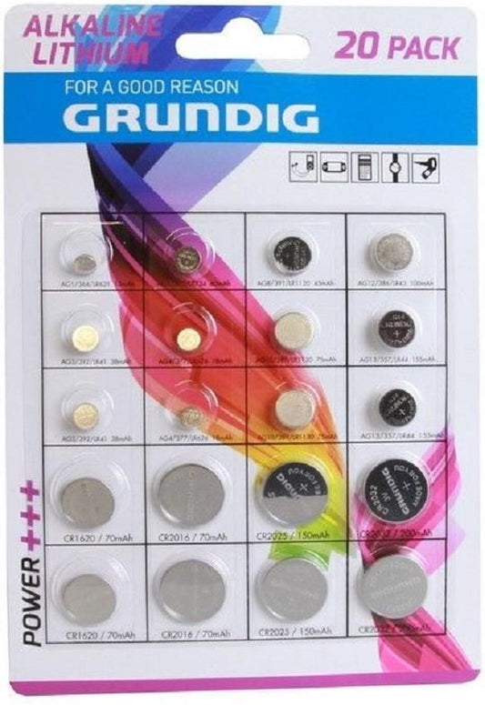 1 blister assortiment de 20 piles Grundig AG1 / LR621 AG5 / LR754 AG8 / LR1120 AG12 / LR43 AG3 / LR41 AG4 / LR626 AG10 / LR1130 AG13 / LR44 CR1620 CR2016 CR2025 CR2032