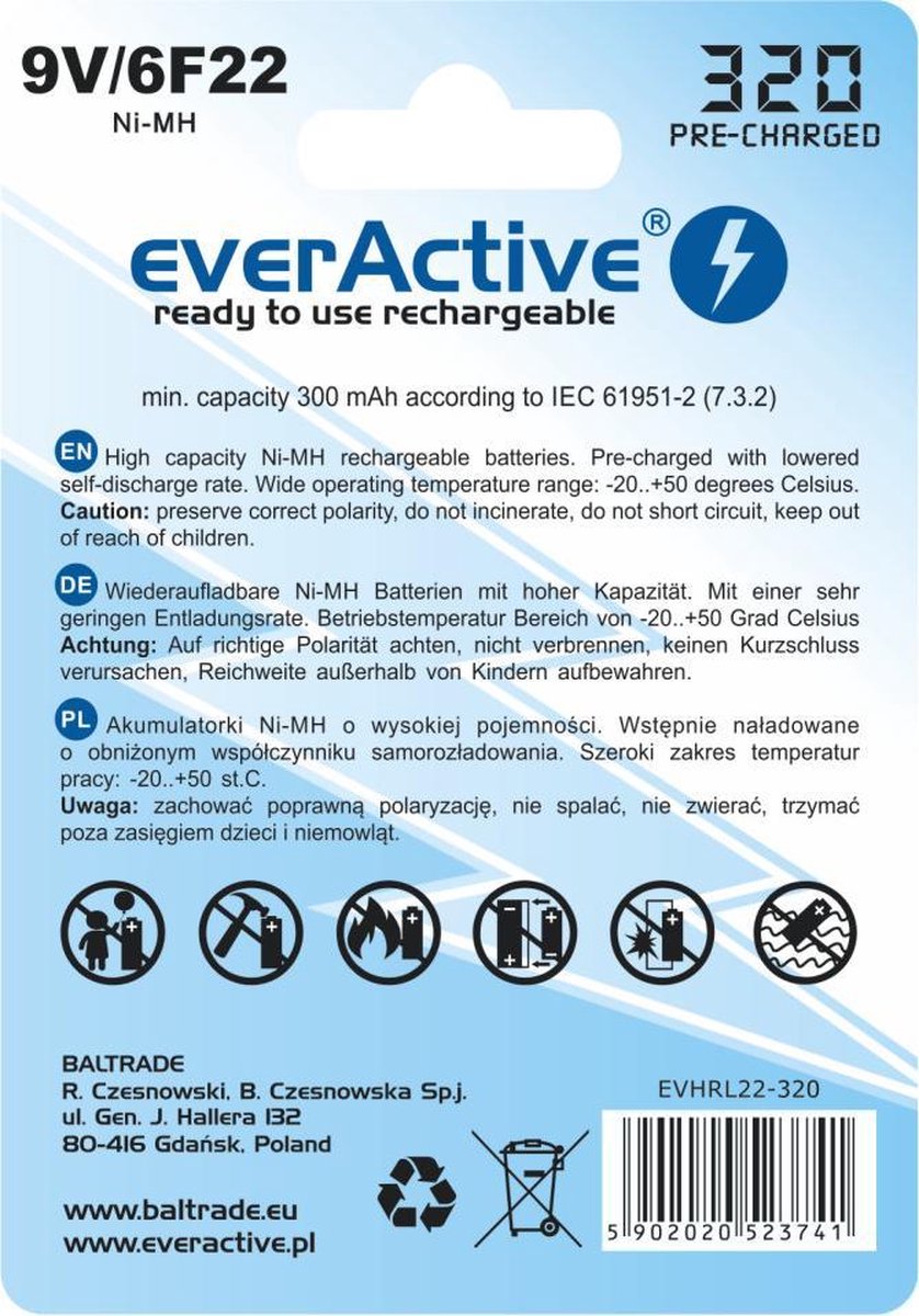 9V 6F22 320mAh Rechargeables everActive Professional