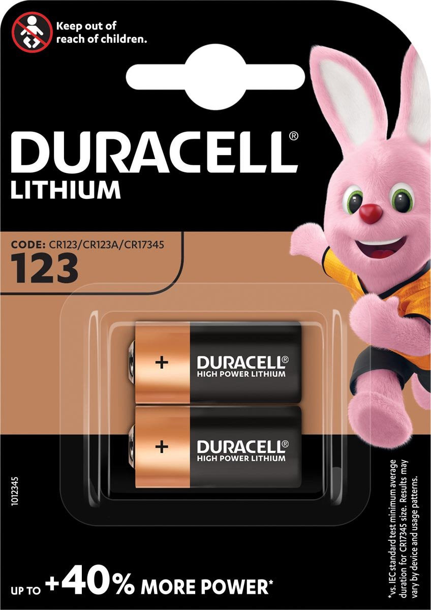 20 pièces (10 blisters a 2pcs) - Pile au lithium Duracell CR123 CR123A 3V (Duo Pack)