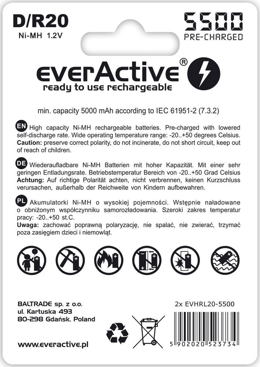 2 pièces (1 blister) - R20 D 5500mAh everActive rechargeable Silver Line