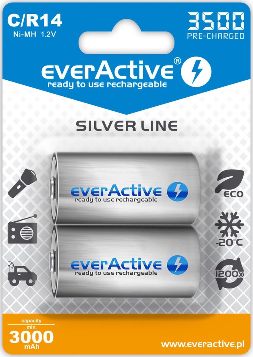 2 pièces (1 blister) - R14 C 3500mAh everActive ligne argent rechargeable