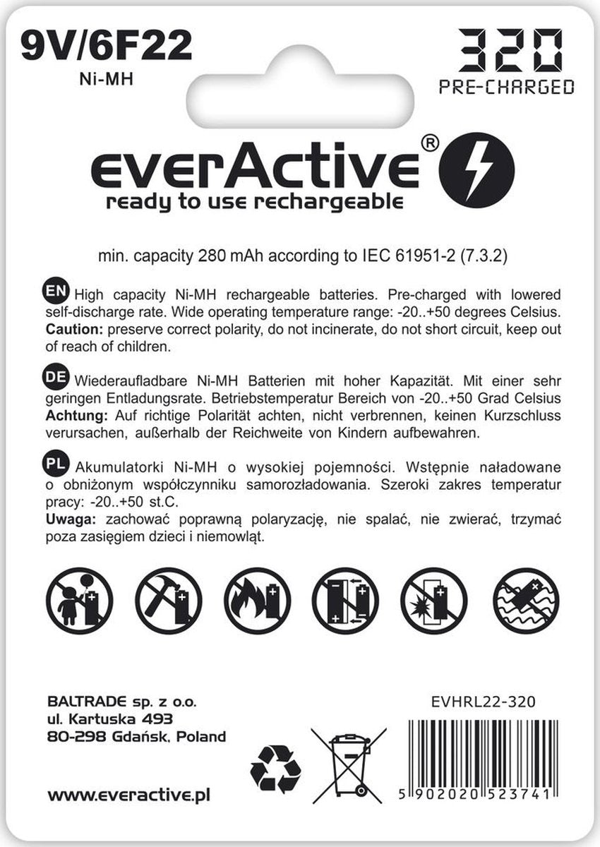 9V 6F22 320mAh Rechargeables everActive Professional