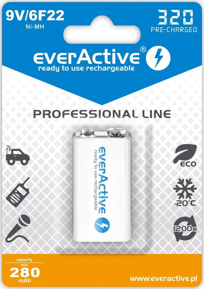 9V 6F22 320mAh Rechargeables everActive Professional