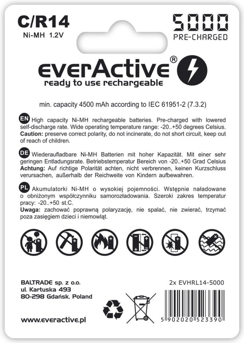 2 pièces - R14 C 5000mAh rechargeable everActive Professional