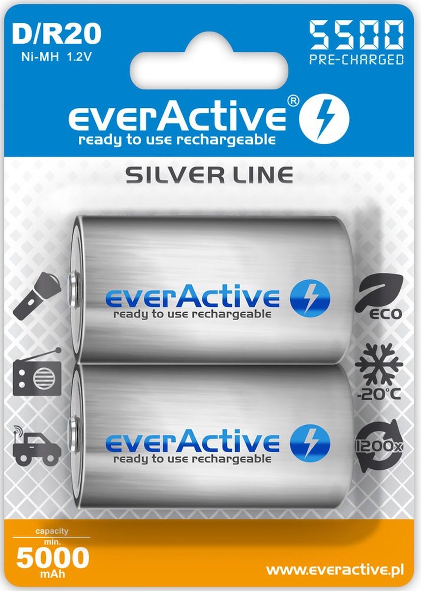 2 pièces (1 blister) - R20 D 5500mAh everActive rechargeable Silver Line