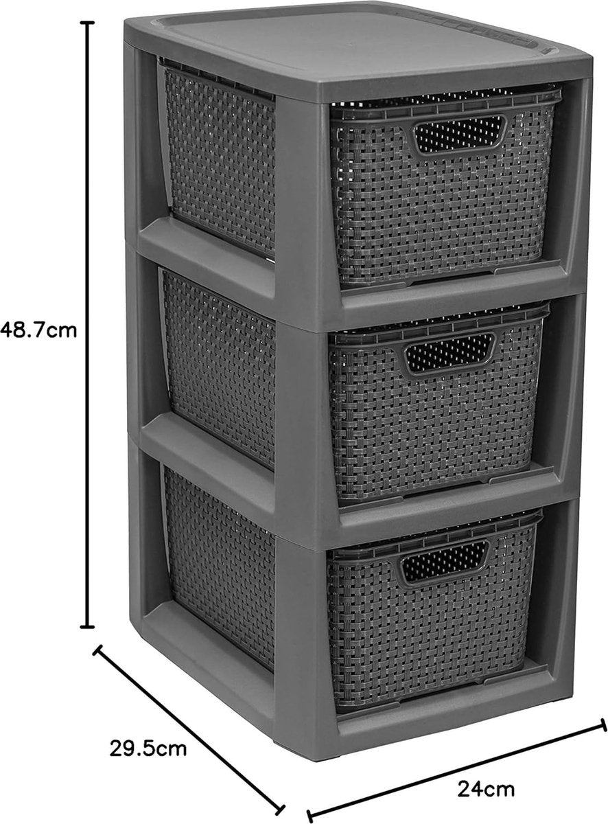 100% plastique recyclé PP, écologique, étagère en rotin, 29,5 x 24 x 48,7 cm, 3 paniers, écologique, anthracite