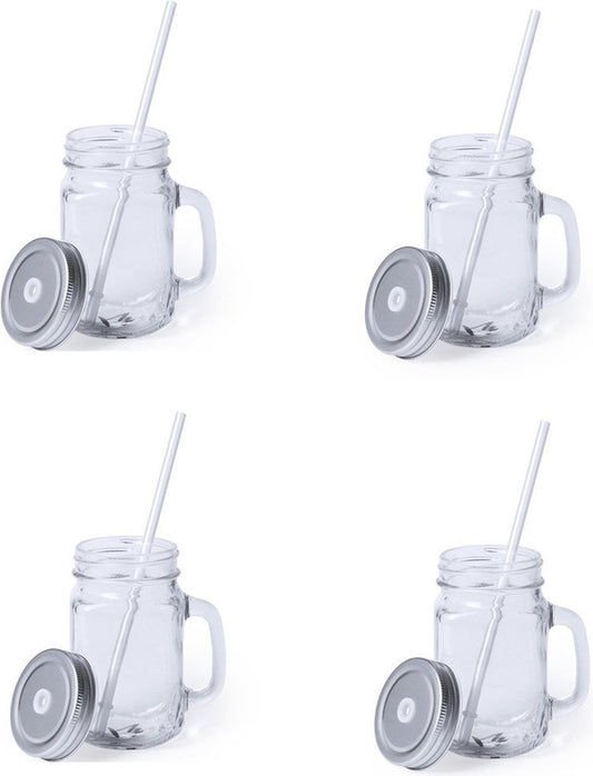 4x pcs Verres Mason Jar tasses à boire bouchon gris argenté et paille 500 ml - scellable / non-fuite / fruits secoue