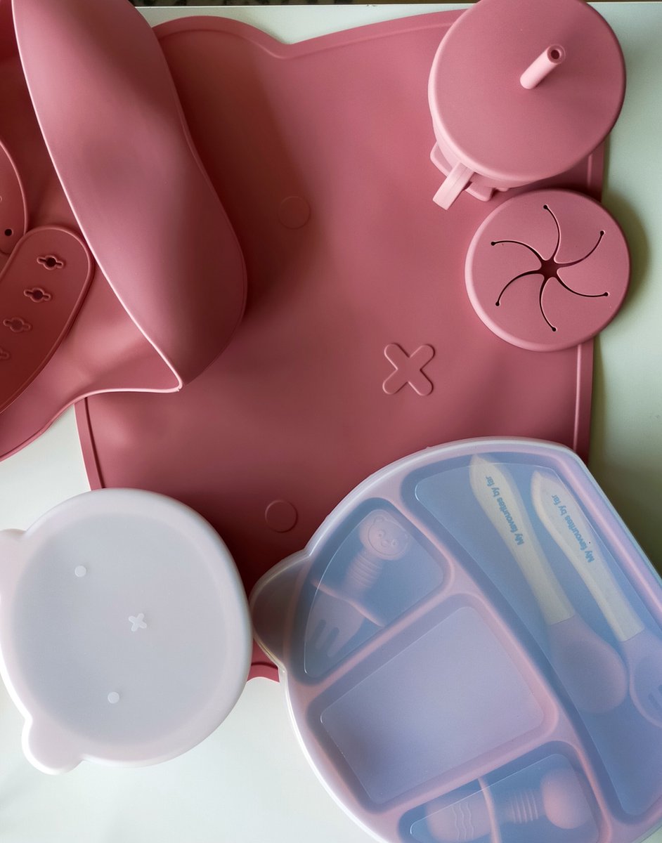 8 pièces en Siliconen rose Kinderserviesset -Sans BPA-signes-ventouse- Enfants Couverts pour enfants Couverts pour enfants kinderbestekset-dalle Bib-collation stand-plateau de fruits coffret cadeau de luxe coffret cadeau avec noeud