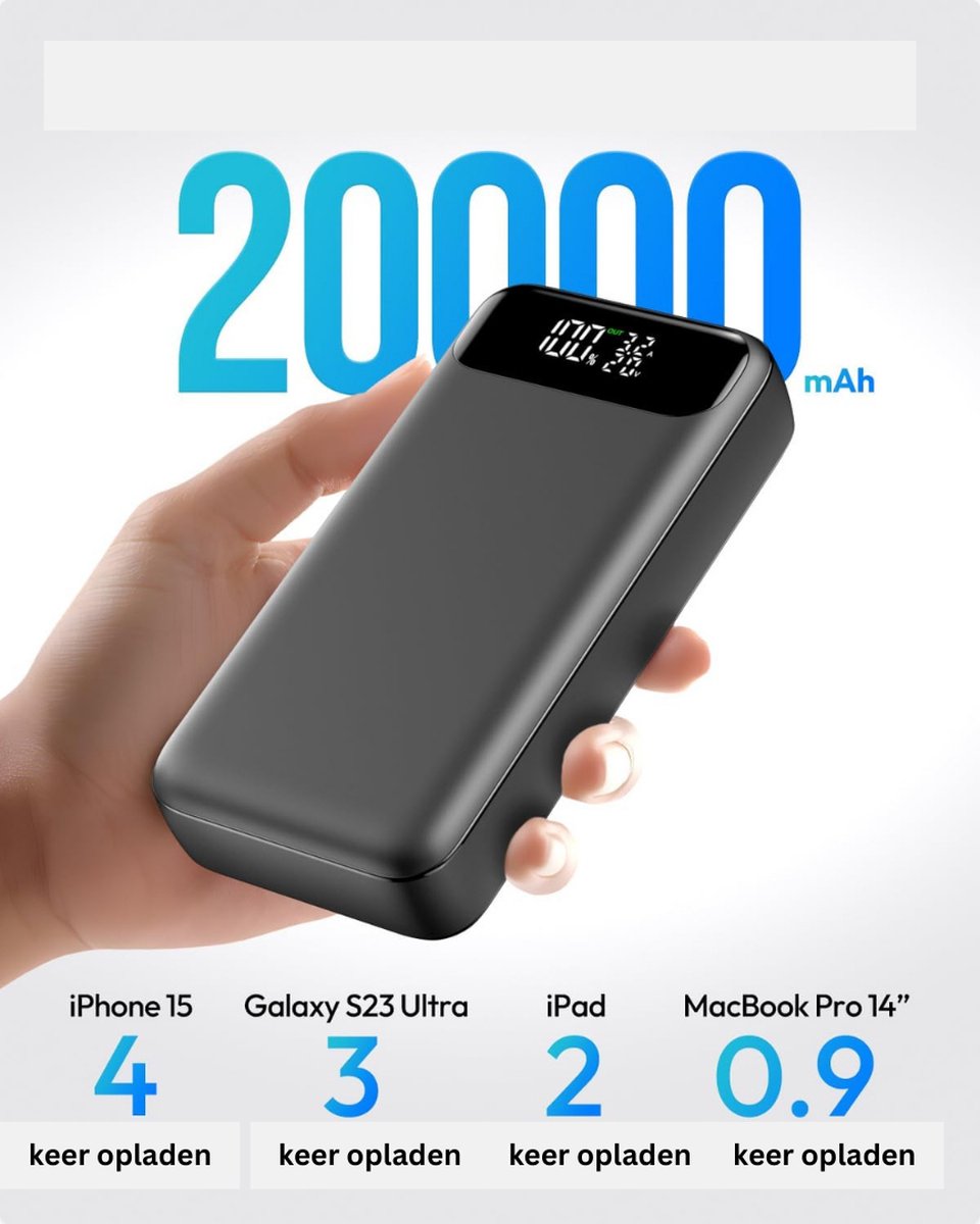 A ADDTOP Powerbank 20000 mah - Adaptateur USB C pour téléphone et ordinateur portable - Chargeur rapide avec 3 options de charge - Zwart