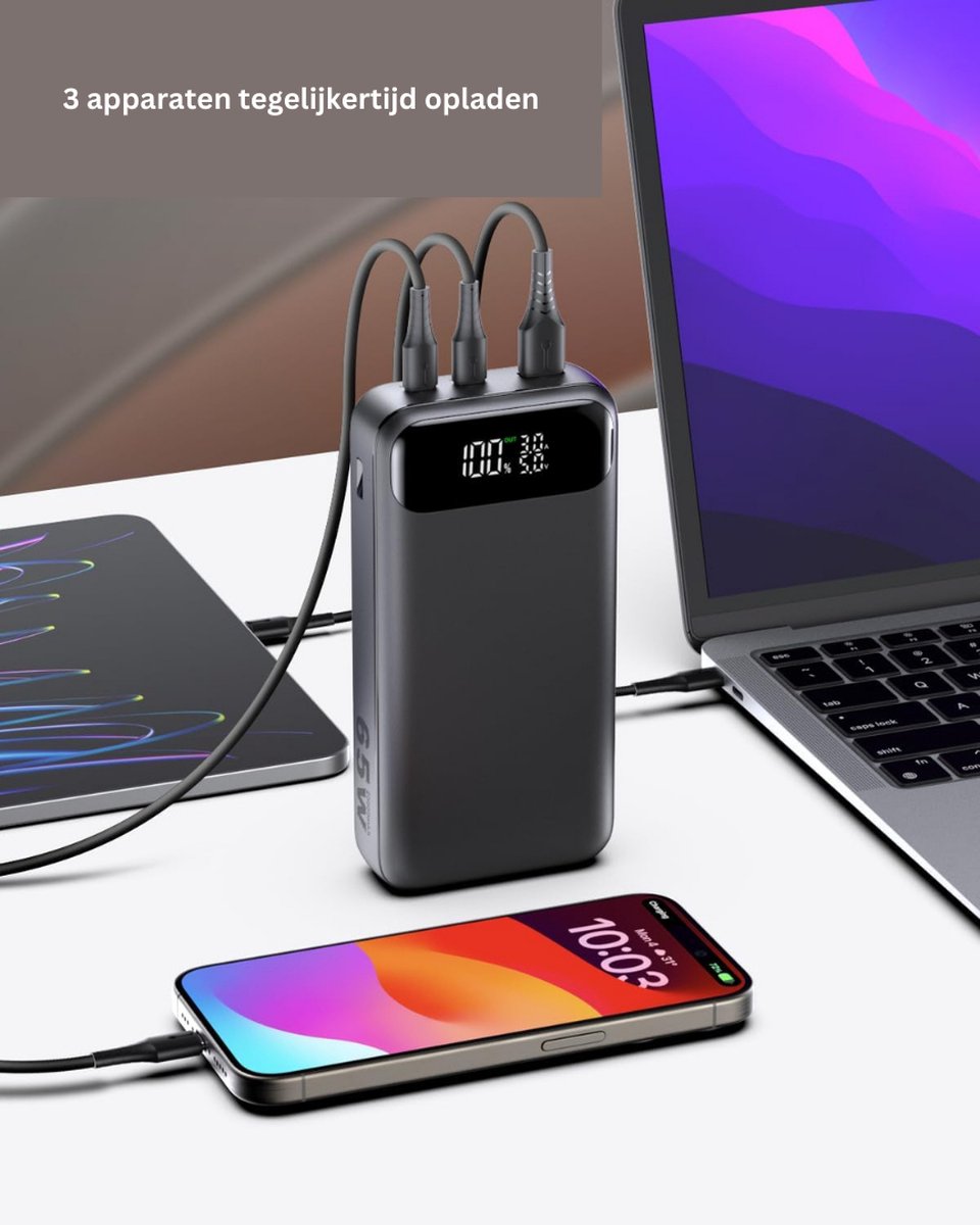 A ADDTOP Powerbank 20000 mah - Adaptateur USB C pour téléphone et ordinateur portable - Chargeur rapide avec 3 options de charge - Zwart