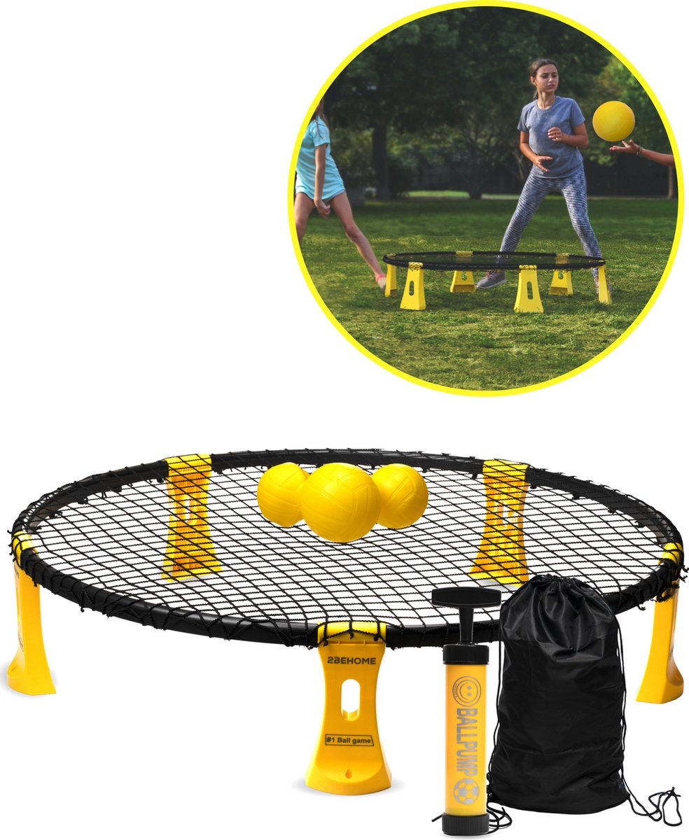 2BEHOME® Roundnet set incluant 3 balles, pompe à balles et sac de transport pratique - Convient pour jouer au Roundball, Smashball & Spikeball - Jaune